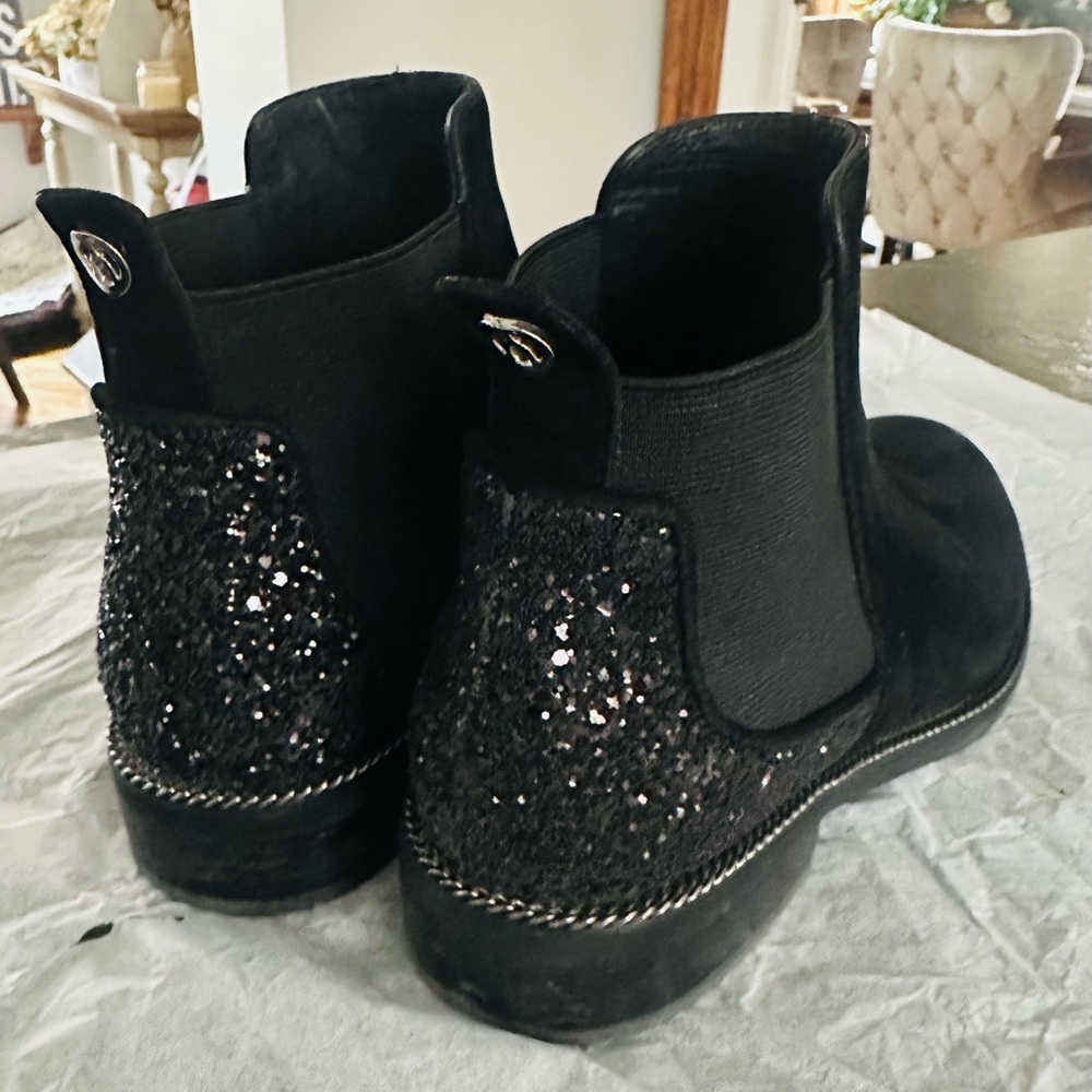 Black Glitter Suede, Antiqued, Chelsea Ankle Boots - Womens Size 8